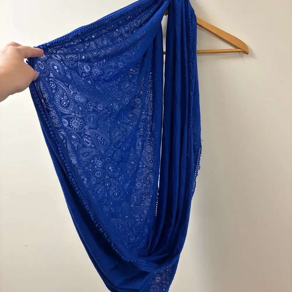 Chico's Royal Blue Paisley Infinity Loop Scarf Pom Pom Trim Boho Coastal Artsy